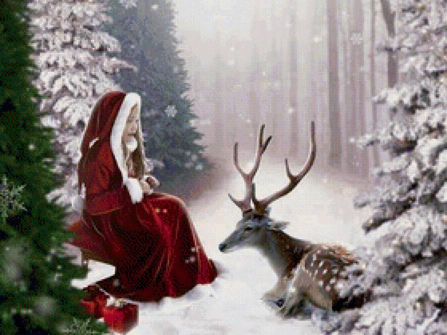 Девочка и олень - зима, люди, животные, снег - предпросмотр