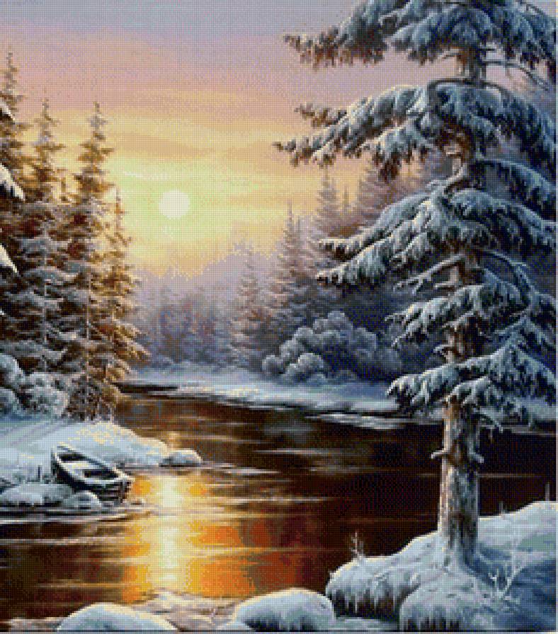 Зимний пейзаж - зима, деревья, река, лес, снег - предпросмотр