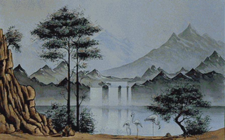 Пейзажи Азии - пейзаж, азия, восток, птицы, река, горы - предпросмотр