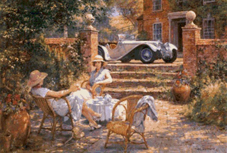 Ретро машина - люди, дом, машина, женщина - предпросмотр