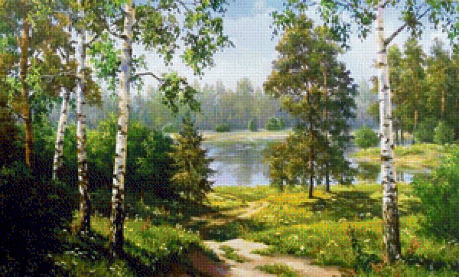 Озеро в лесу - березы, лес, озеро, лето, река - предпросмотр