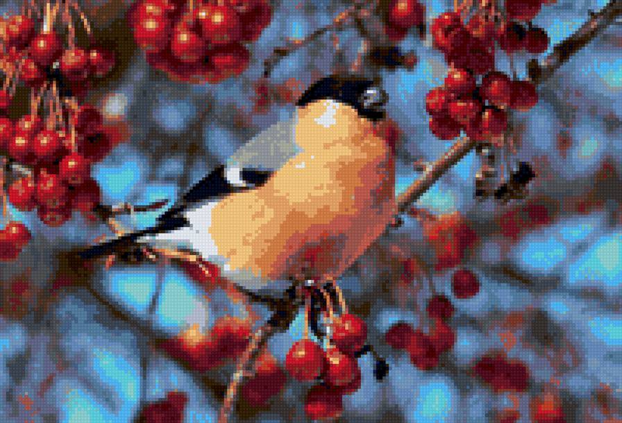 снегирь и рябина - птицы, зима, деревья - предпросмотр