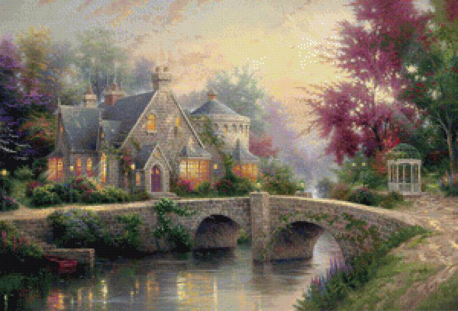 Летний вечер у реки - мост. дом, природа, вечер. река - предпросмотр