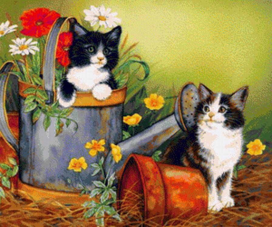 Помощники - кошечки, животное, лейка, цветы, горшочки - предпросмотр