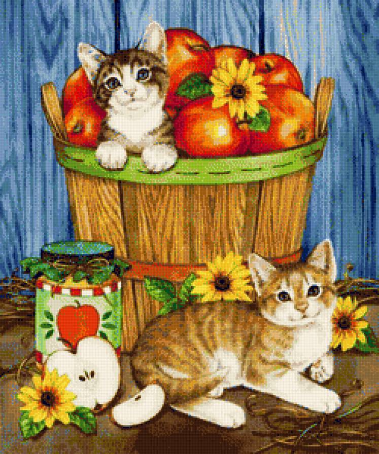 Помощники - животное, кошечки, яблоки, корзинка, ромашки, банка - предпросмотр