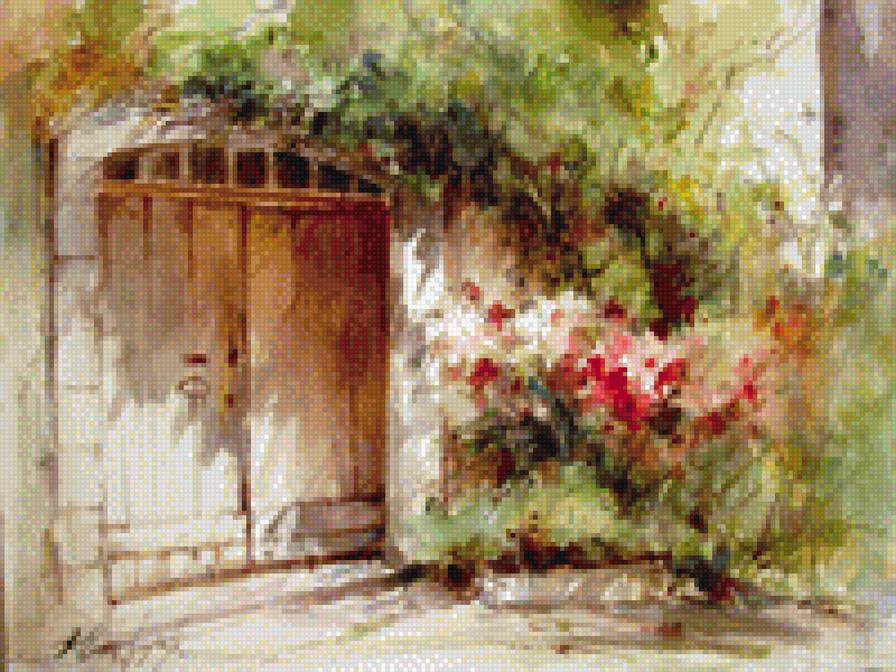 Дворик с цветами акварель - акварель, цветы, картина - предпросмотр