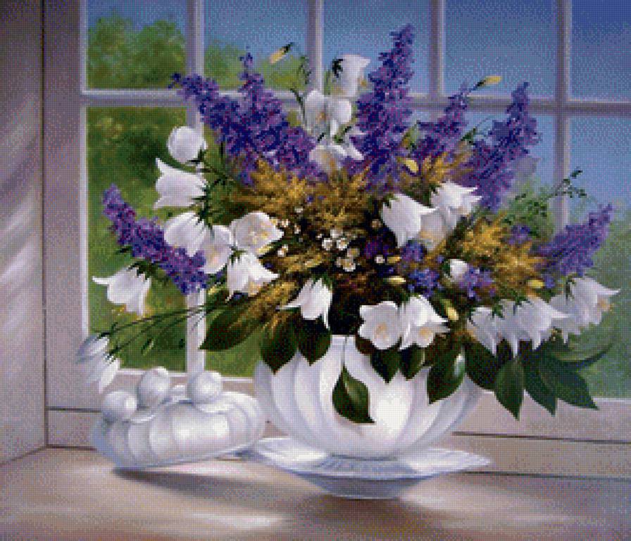 Белые колокольчики - колокольчики, цветы, окно, букет - предпросмотр