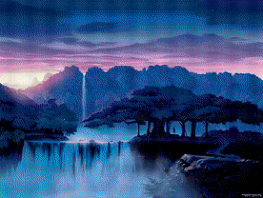 В синих мечтах - синие тона, горы, пейзаж, водопад, дерево - предпросмотр