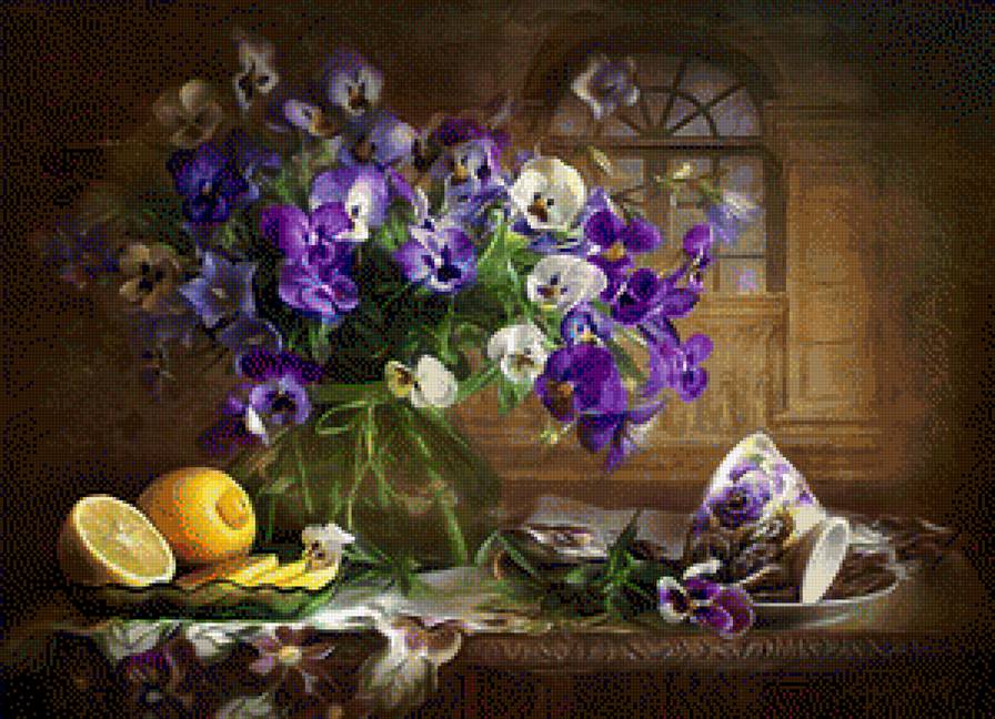 Натюрморт - фиалки, dmc, натюрморт - предпросмотр