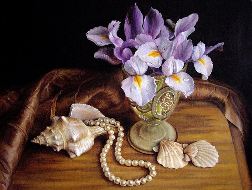 натюрморт - цветы, жемчуг, натюрморт, ирисы - оригинал