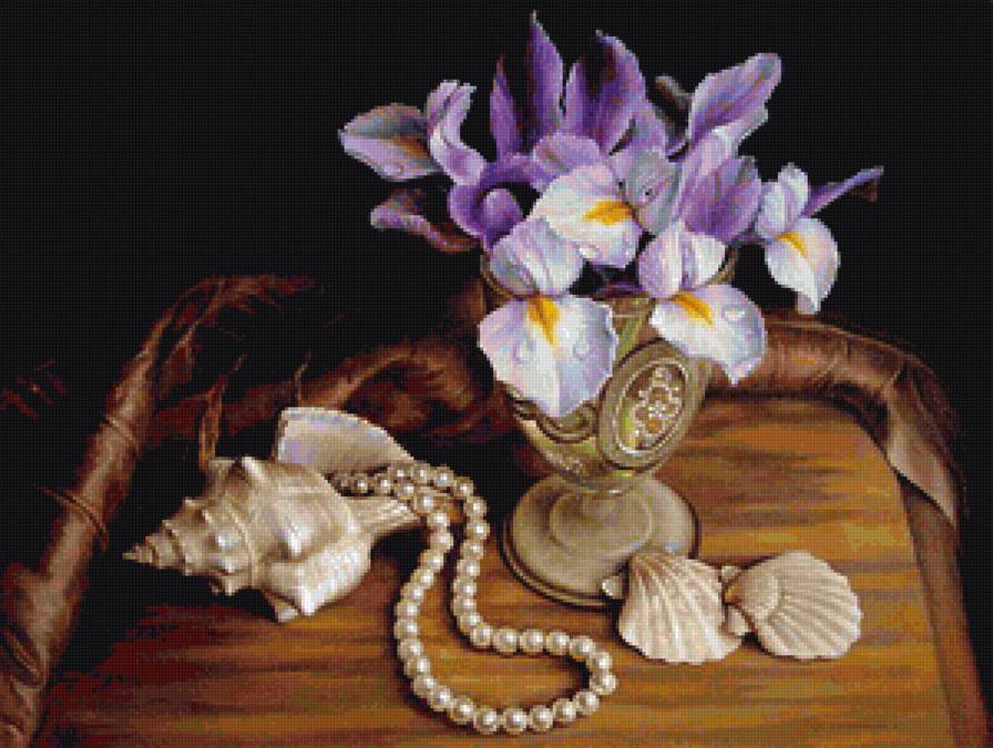 натюрморт - ирисы, жемчуг, цветы, натюрморт - предпросмотр