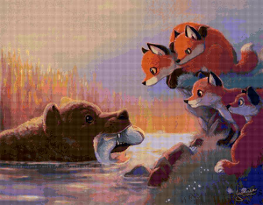 Друзья - лиса, медведь, охота, детская, лисята - предпросмотр