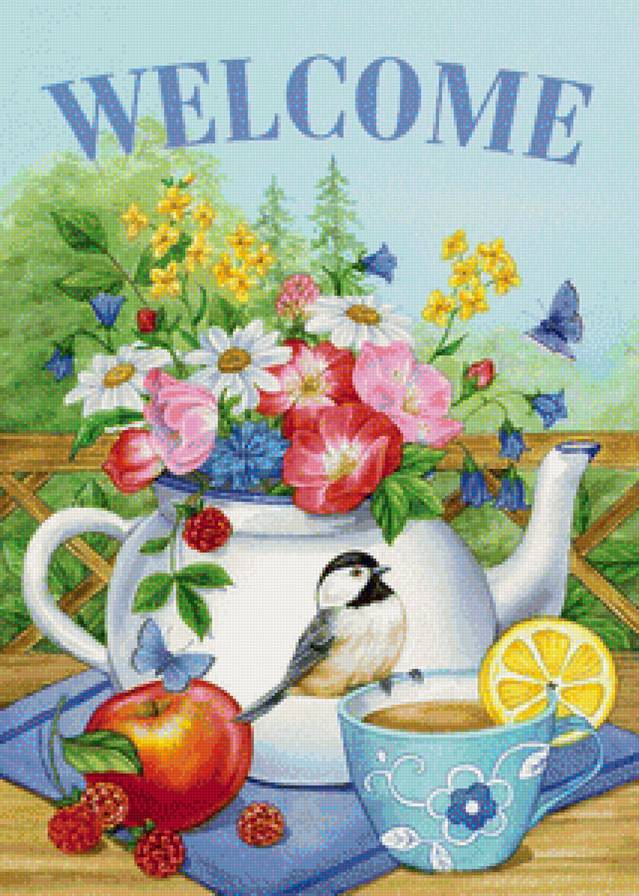 Welcom - птицы, натюрморт, цветы - предпросмотр