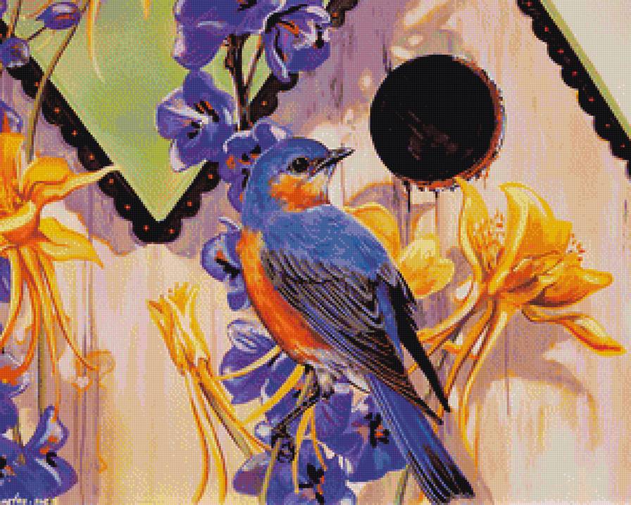 Птица - скворечник, лето, птицы, цветы - предпросмотр