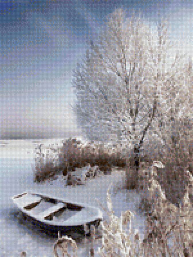 На озере - зима.снег.лодка - предпросмотр