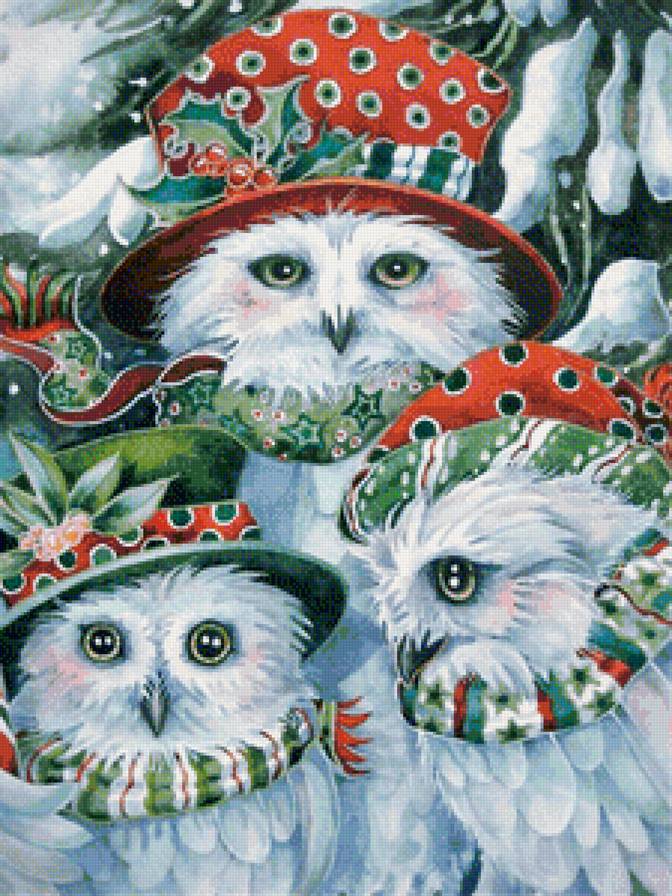Новогоднее трио - совы, новый год, птицы, снег - предпросмотр