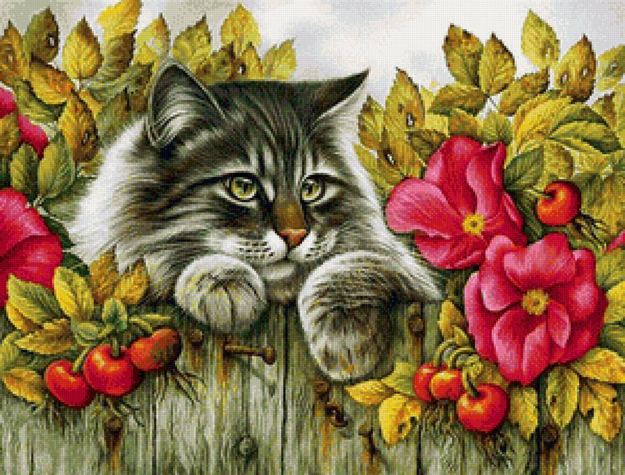 Серия "Фауна" - мальвы, котенок, кот, цветы - предпросмотр