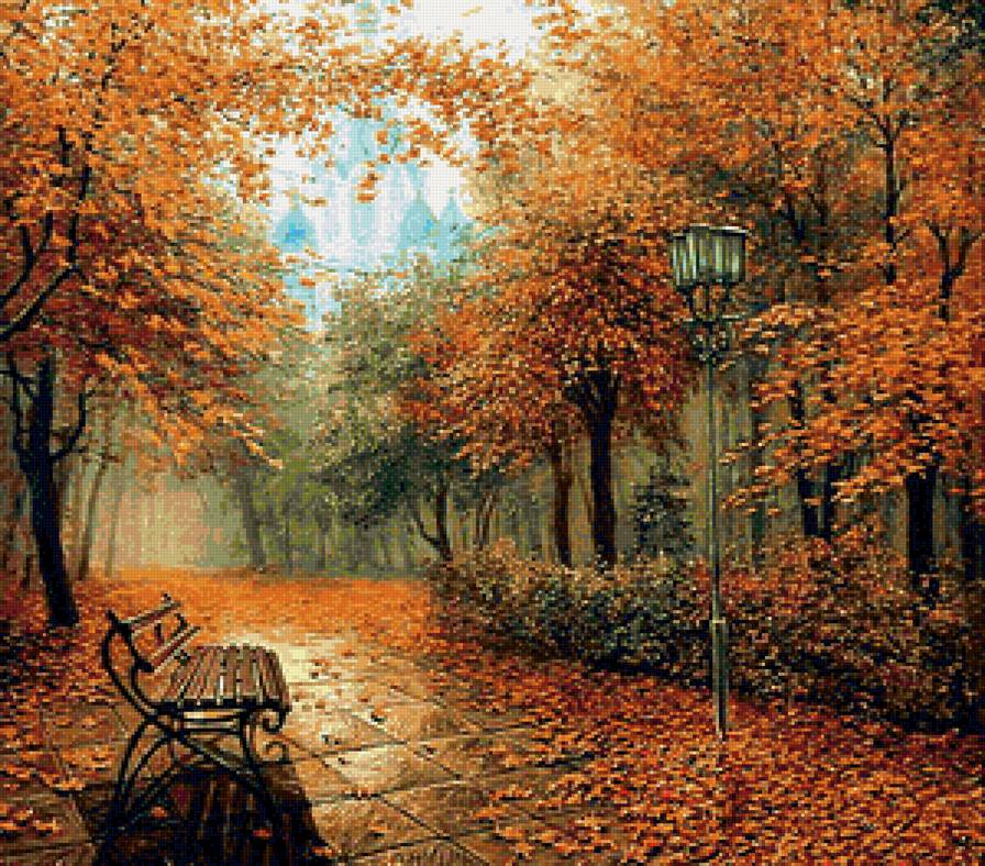 Осенний парк - скамейка, парк, дорожки - предпросмотр