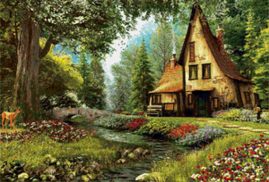 Домик в лесу - ручей, домик, олененок, лес, цветы - предпросмотр