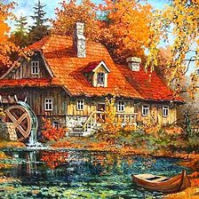 Схема вышивки «Водянная мельница в осеннем лесу»