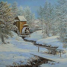 Схема вышивки «Водянная мельница в зимнем лесу»