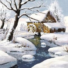 Схема вышивки «Водянная мельница в зимнем лесу»