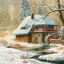 Схема вышивки «Водянная мельница в зимнем лесу»