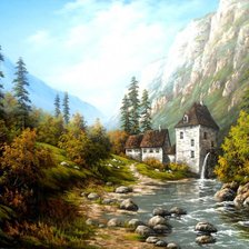 Схема вышивки «Водянная мельница у горной речки»