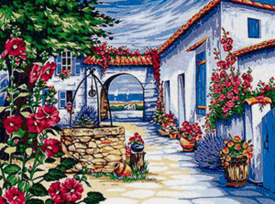 Улочка к морю - парусник, море, цветы, дома - предпросмотр