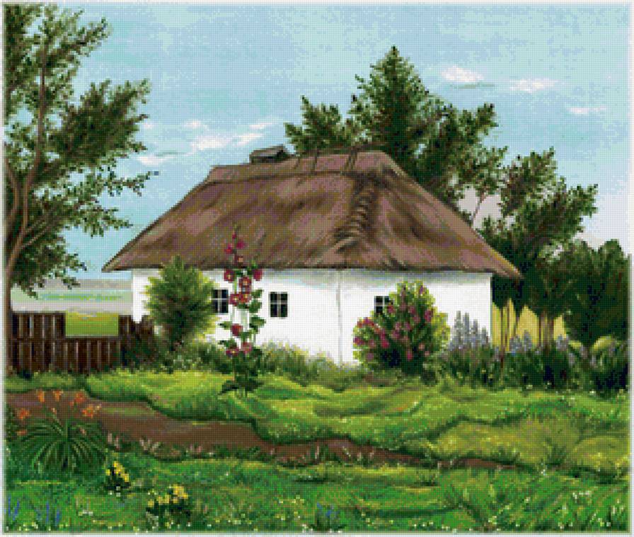 Деревенский домик - деревенский домик, деревня, хата, лето, двор, пейзаж - предпросмотр