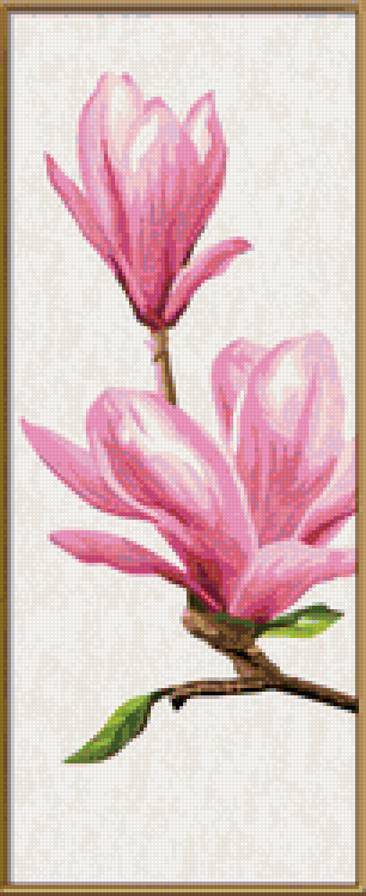 триптих "Магнолия", левая часть - магнолия, розовые, ветки, триптих - предпросмотр