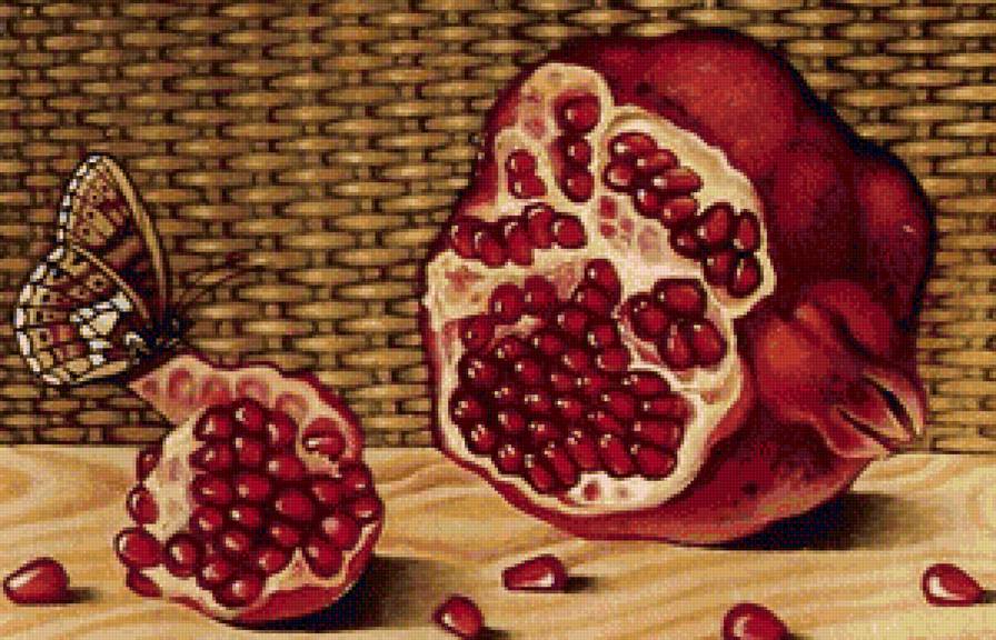 Гранат и бабочка - натюрморт, бабочка, гранат, фрукты - предпросмотр