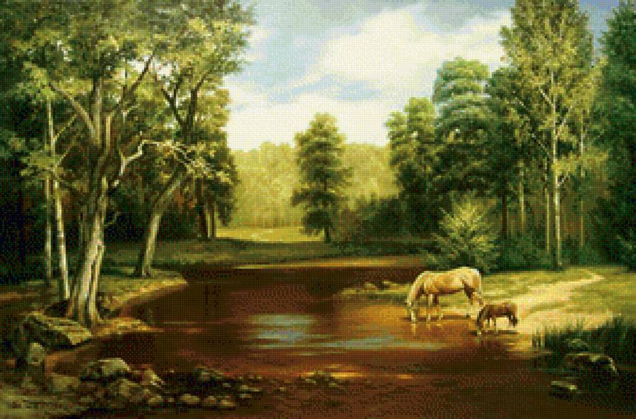 Водопой - река, пейзаж, животные, лошади, природа - предпросмотр