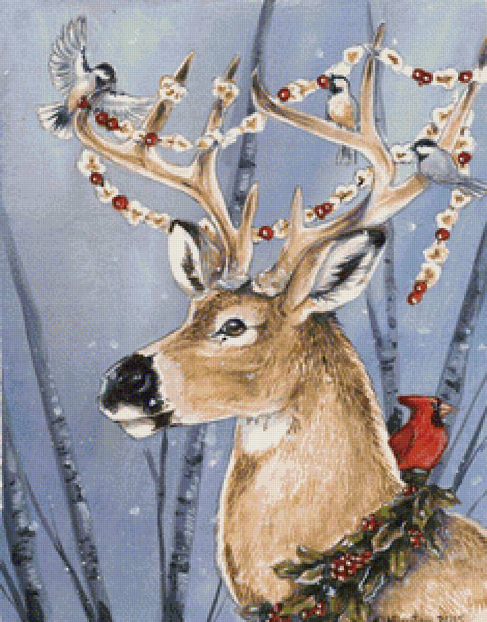 Новый Год! - праздник, новый год, олени, птичка - предпросмотр