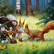 Схема вышивки «белки и лукошко с грибами»