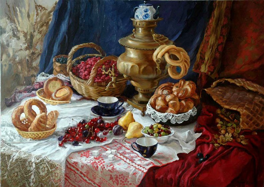 самовар и малина - натюрморт - оригинал