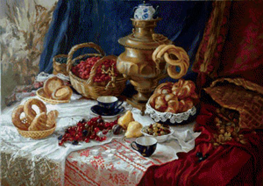 самовар и малина - натюрморт - предпросмотр