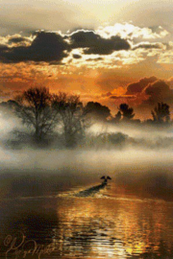 на закате - пейзаж, туман, птицы, природа - предпросмотр