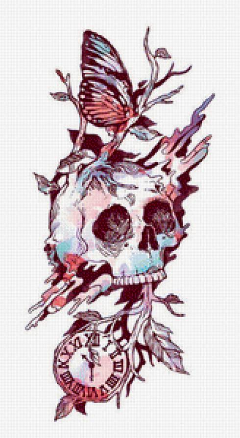 Мертвое время - бабочка, часы, череп, время - предпросмотр