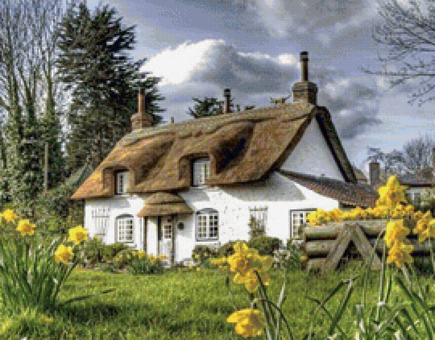 Викторианский домик - желтые цветы, нарциссы, англия, цветы, сад, дом, весна - предпросмотр