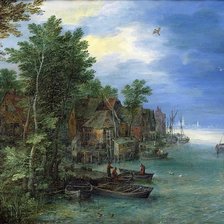 Схема вышивки «Ян Брейгель. Вид на деревню вдоль реки»