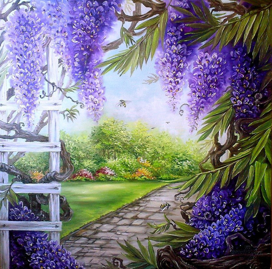 цветущая глициния - пейзаж, глициния, лиловые цветы, лето - оригинал