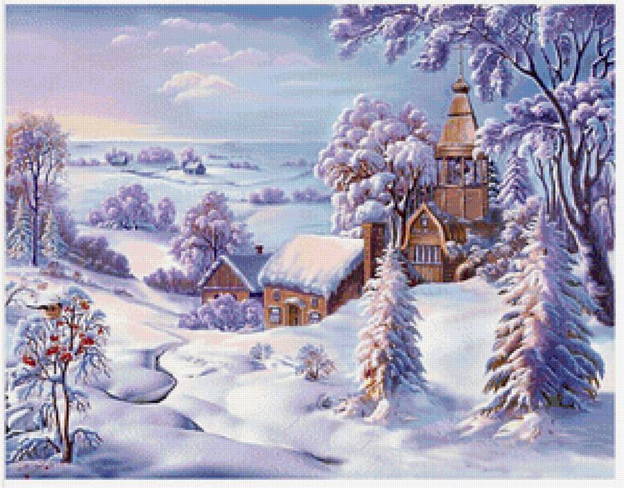 Зимний пейзаж - вышивка крестом - предпросмотр