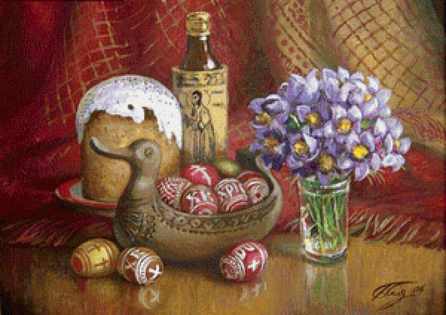 пасхальный натюрморт - праздник, крашенные яйца, пасха, букет - предпросмотр