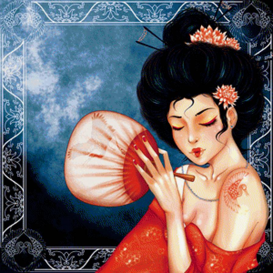 Гейша - девушка, восток, япония, красавица, азия, гейша, веер - предпросмотр