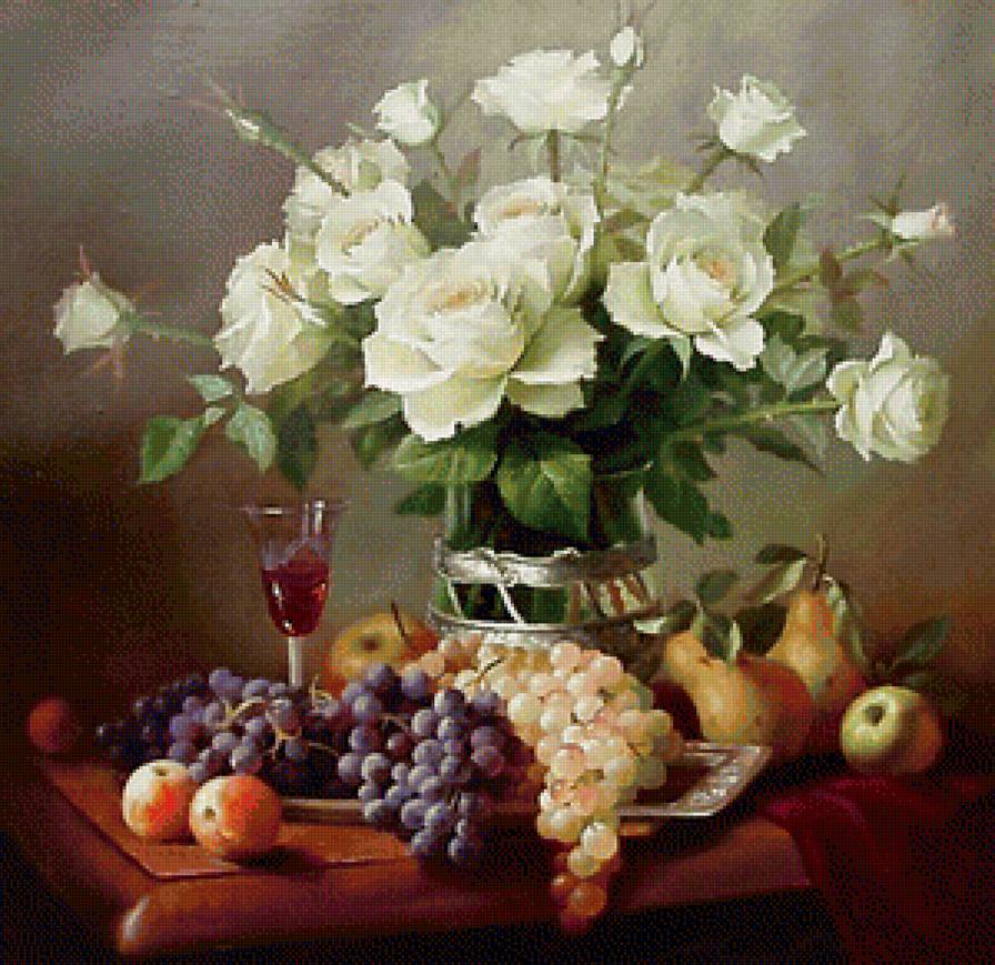 натюрморт с розами - цветы, фрукты, натюрморт, картина, розы - предпросмотр