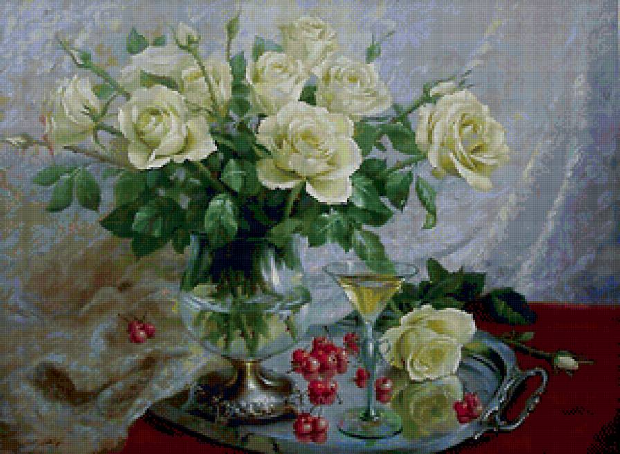 натюрморт с розами - натюрморт, картина, цветы, розы - предпросмотр