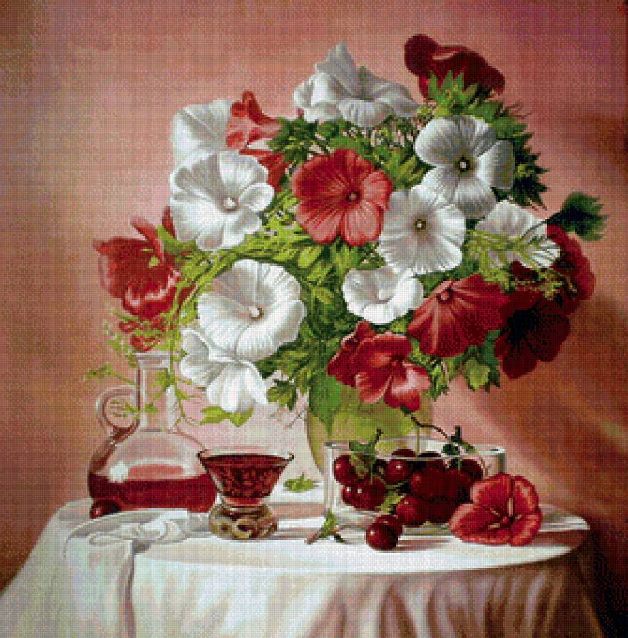 натюрморт с вишней - цветы, фрукты, натюрморт - предпросмотр