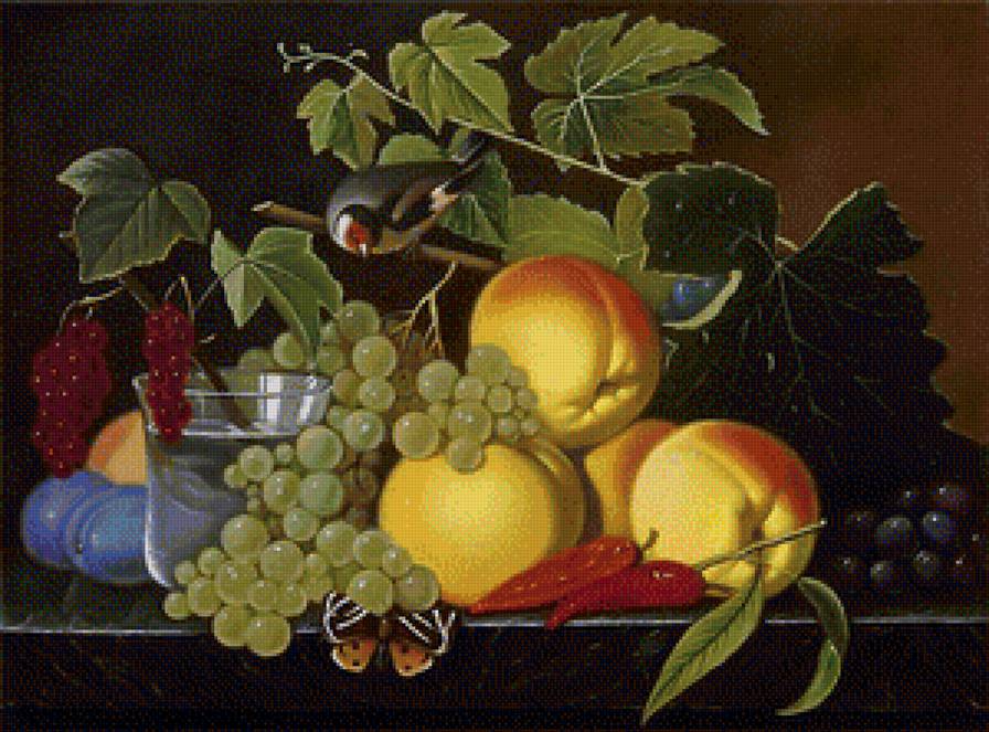 натюрморт с птичкой - фрукты, виноград, натюрморт, птицы, картина - предпросмотр