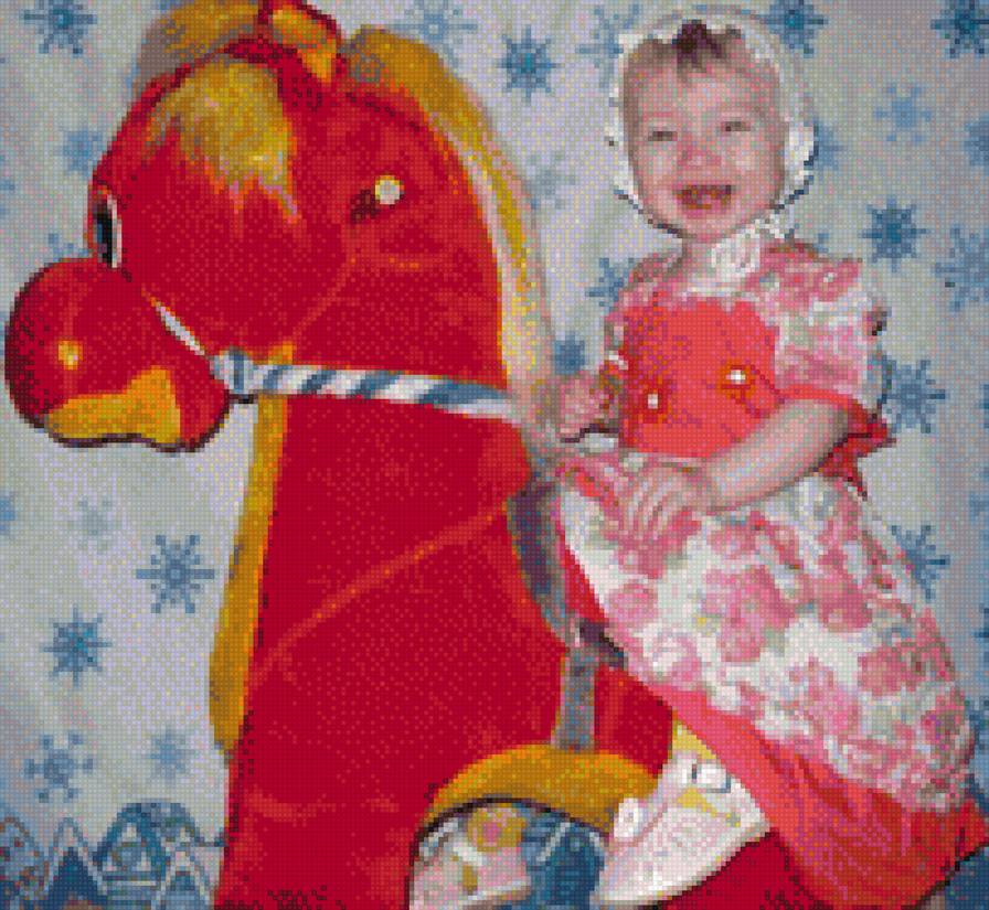 Аня на коне - дети, лошадь, снег, картина - предпросмотр